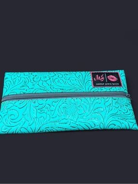 Makeup Junkie Bags Teal Embossed Cosmetic Pouch